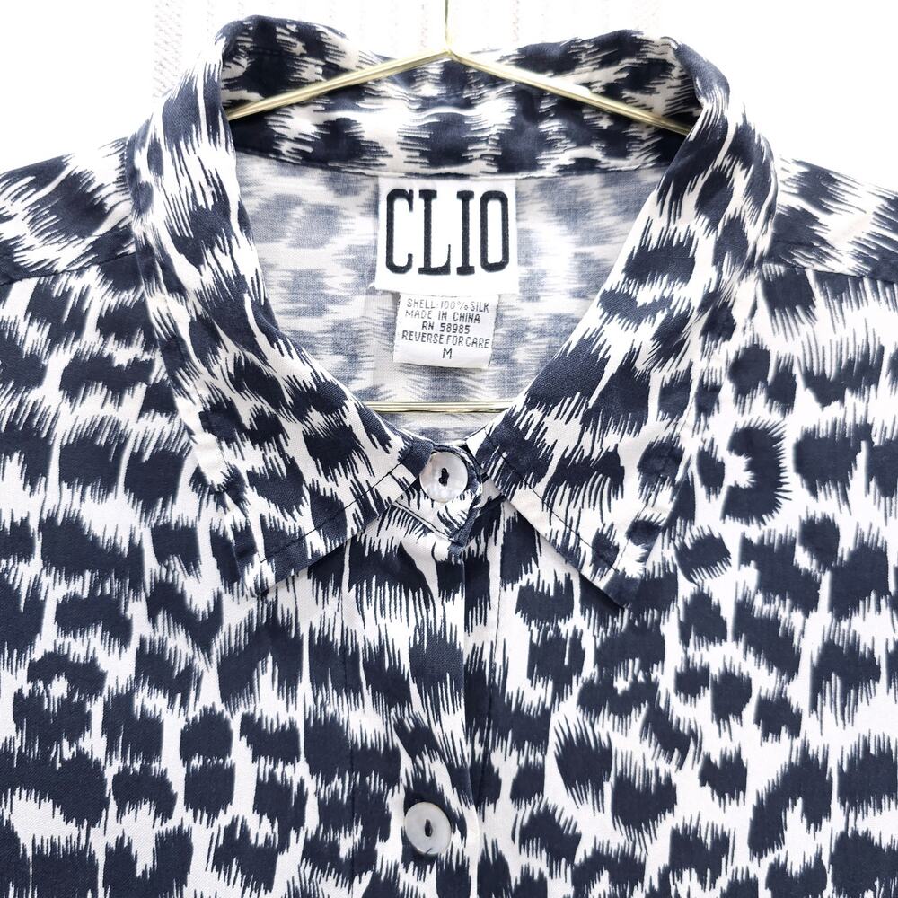 VINTAGE 90s 100% Silk Leopard Print Button Down‎ Shirt Womens Sz M Long Sleeve